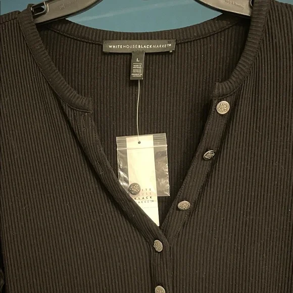 White House Black Market Beautiful Black V-Neck Ribbed Henley Top w/spandex - Picture 4 of 6